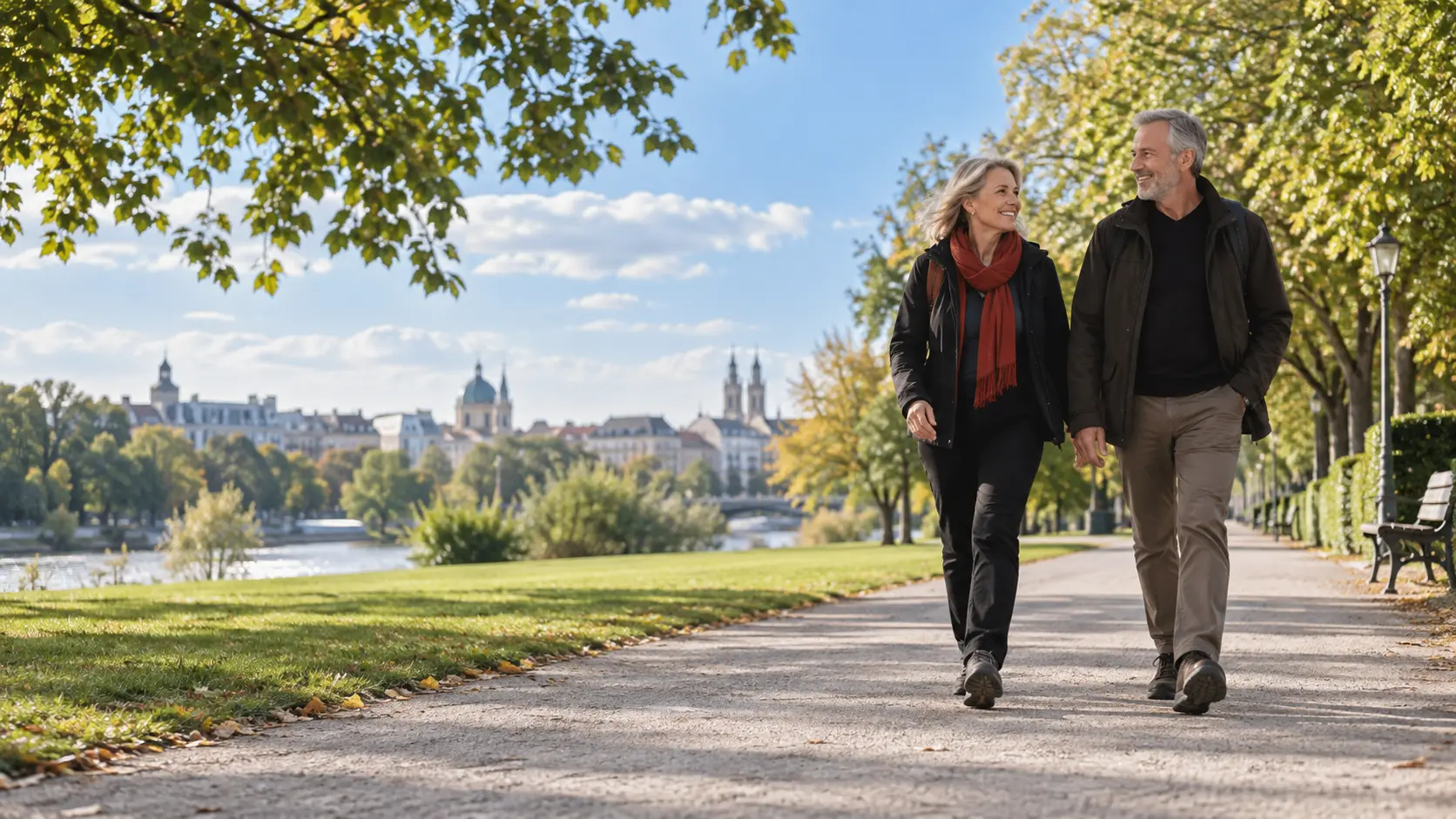 Zwei Erwachsene gehen gemeinsam durch einen deutschen Stadtpark